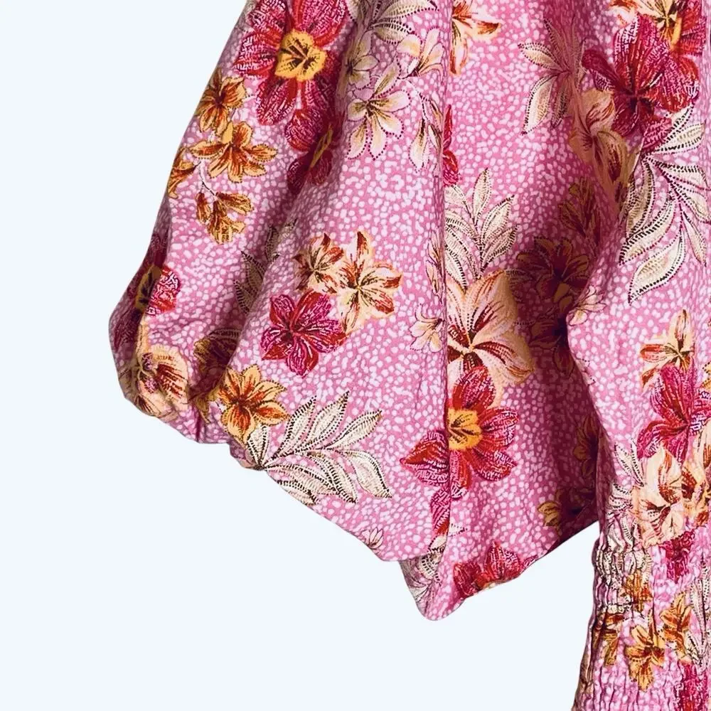 NWT LOFT Lily Blouse Top XL Gathered Waist Puff Sleeve Pink Floral Romantic $70
